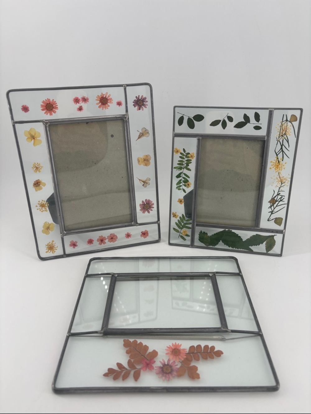 Carr pressed flowers leaded glass picture frames set of three